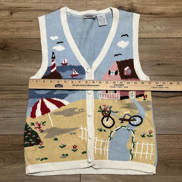 Capacity Beach Sweater Vest SZ Small Button Up Lighthouse Summer Cottage - Picture 3 of 10